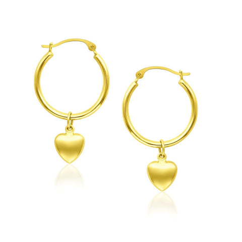 14K Yellow Gold Hoop Earrings with Dangling Puffed Heart