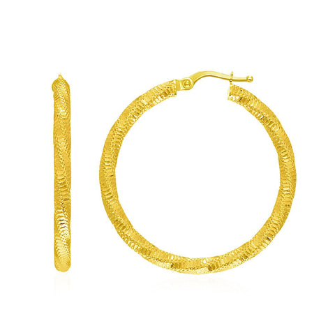 14K Yellow Gold Spiral Texture Hoop Earrings