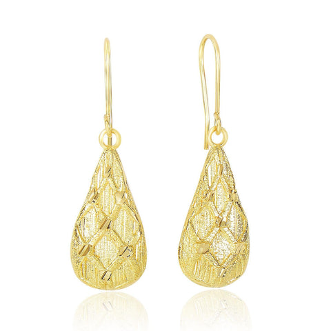 14K Yellow Gold Diamond Sanded Textured Design Teardrop Earrings