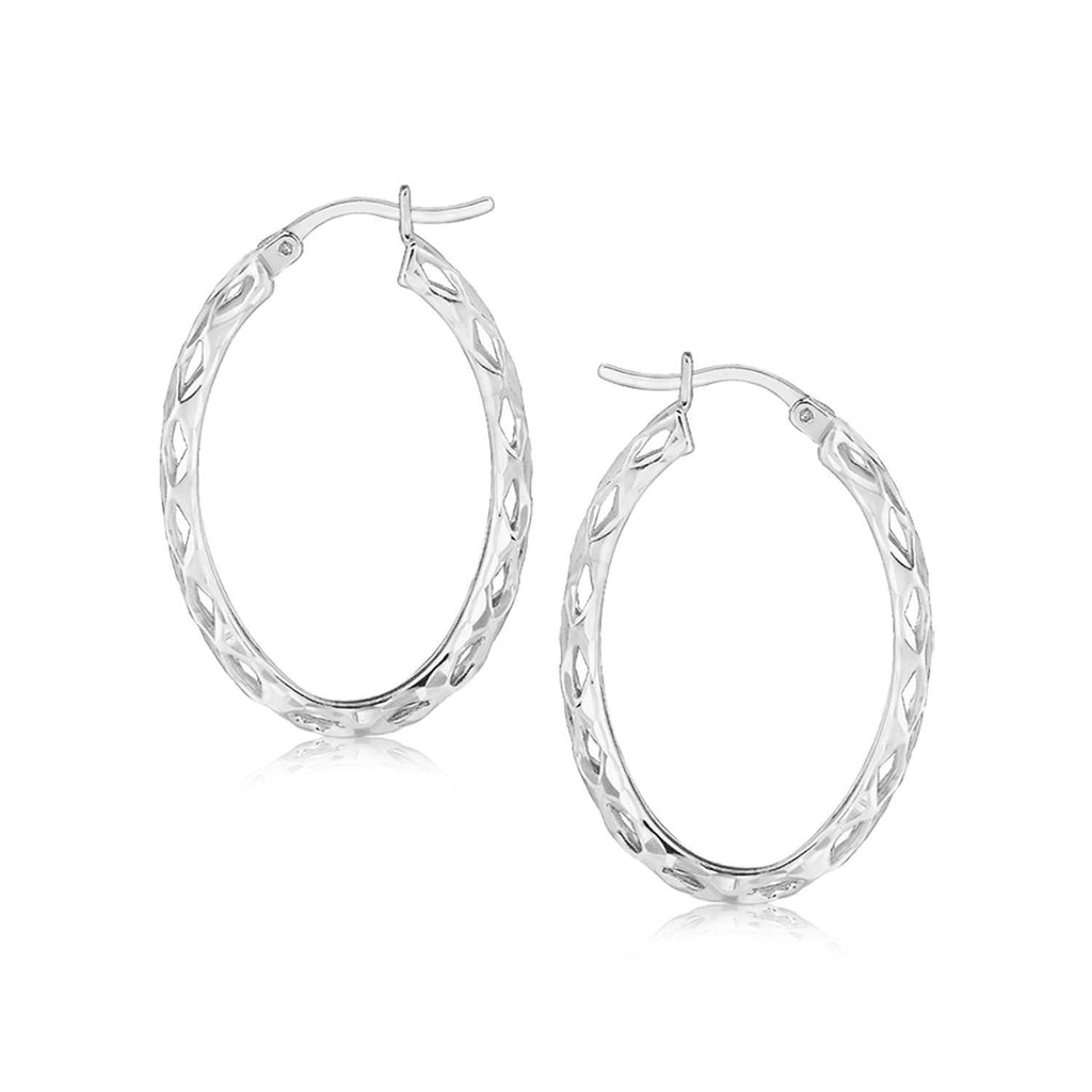 Sterling Silver Oval Woven Hoop Earrings with Rhodium Plating