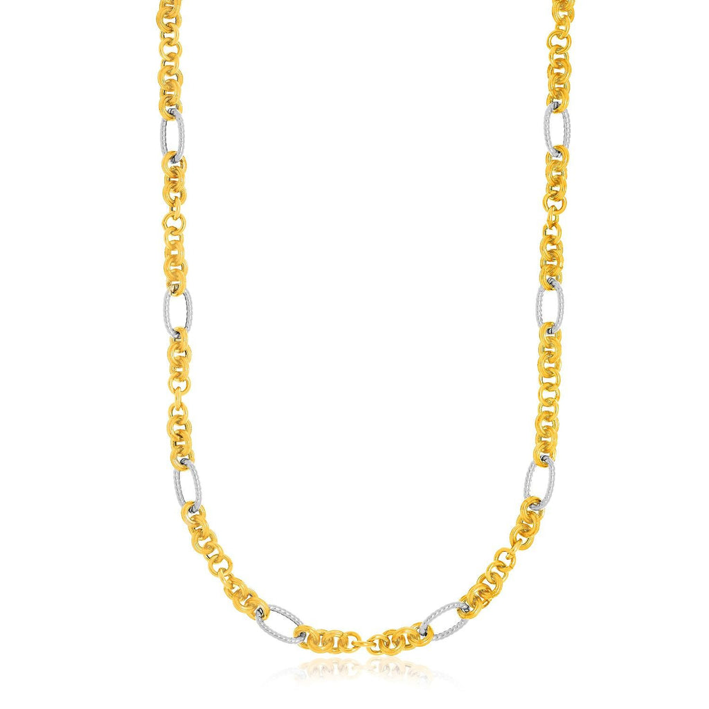 14K Two-Tone Gold Round and Textured Oval Station Necklace