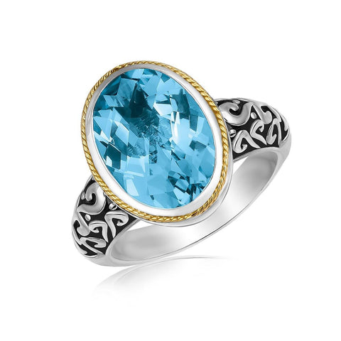 18K Yellow Gold and Sterling Silver Oval Milgrained Blue Topaz Ring