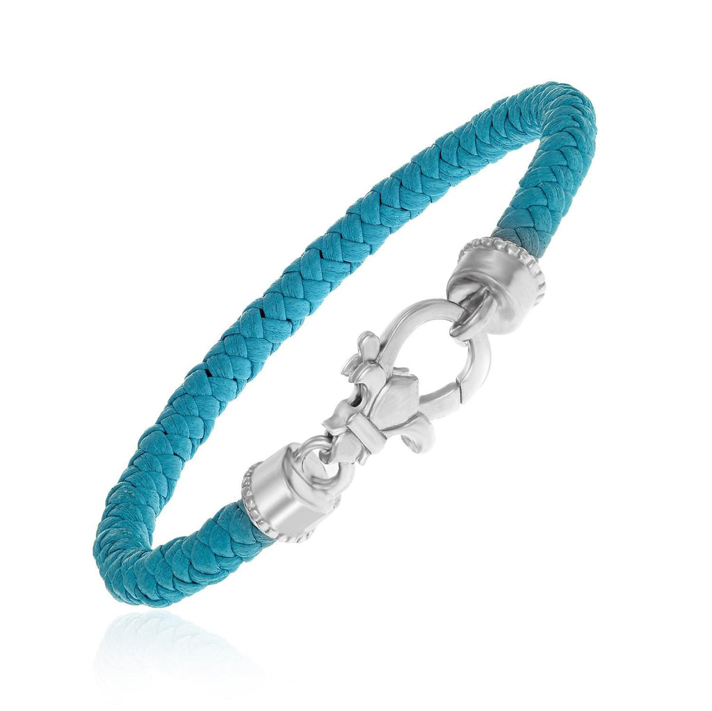 Sterling Silver Woven Leather Aqua Bracelet