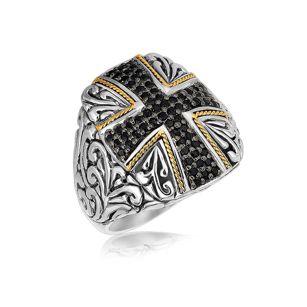 18K Yellow Gold and Sterling Silver Cross Style Ring with Black Sapphires