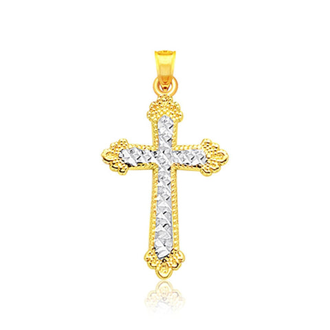 14K Two Tone Gold Diamond Cut Cross Pendant