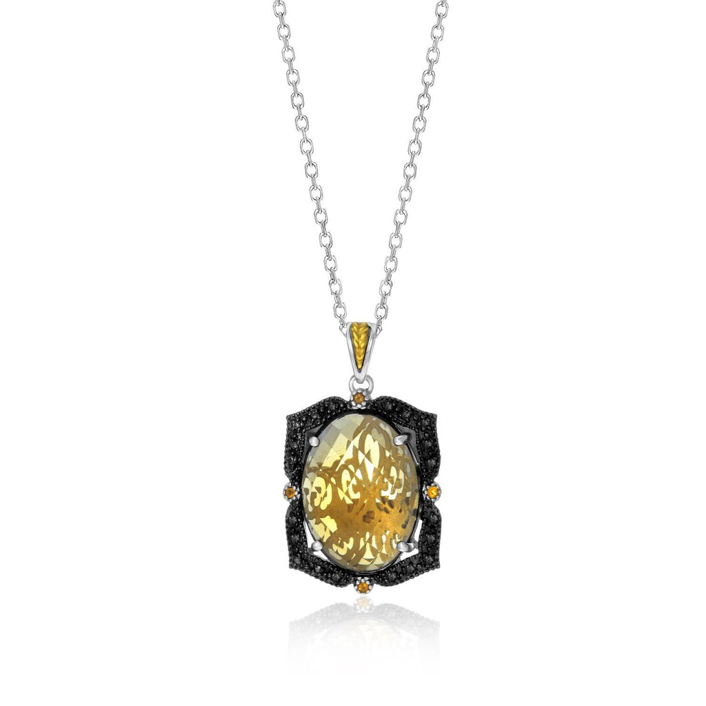 18K Yellow Gold & Sterling Silver Oval Pendant with Citrine, Quartz, & Diamonds