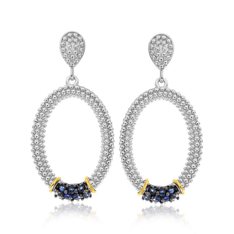 18K Yellow Gold & Sterling Silver Popcorn Oval Blue Sapphire Accented Earrings