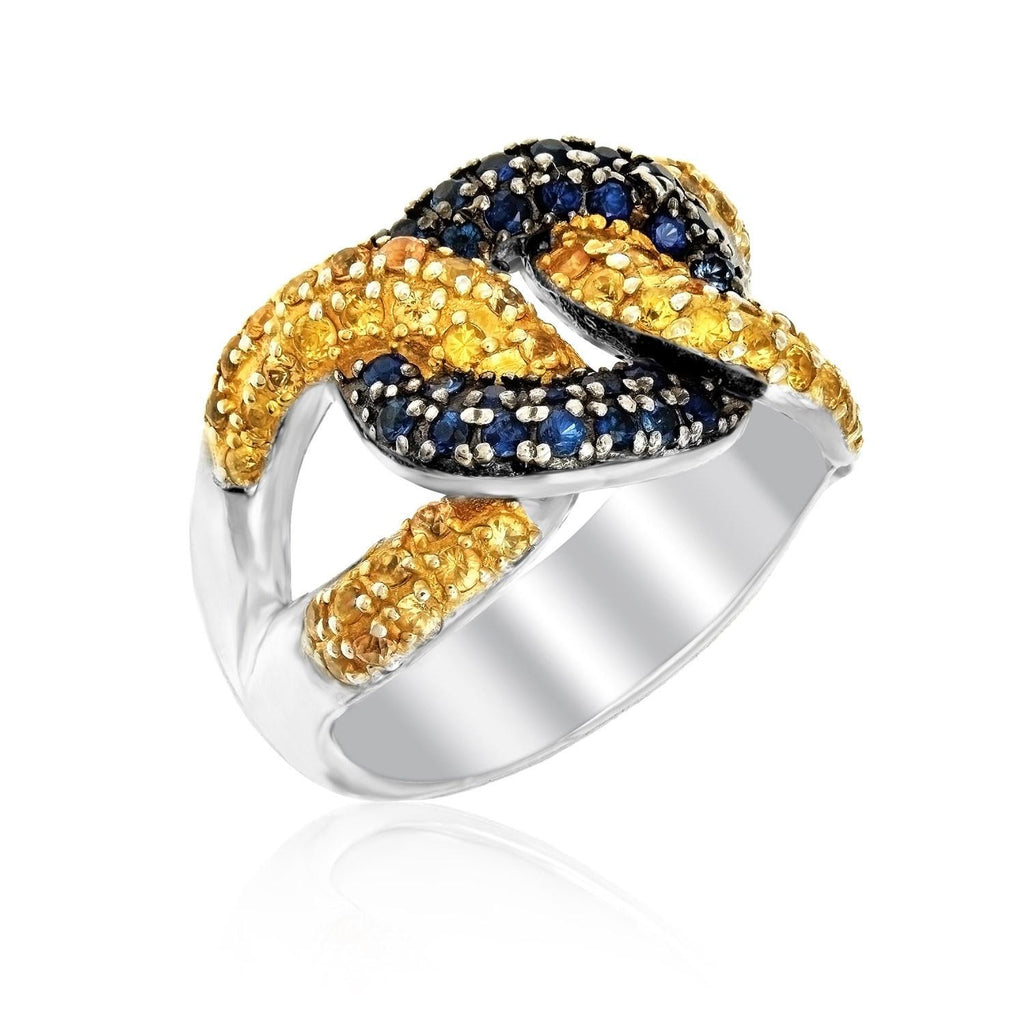 Sterling Silver Knot Style Ring with Blue and Yellow Sapphires