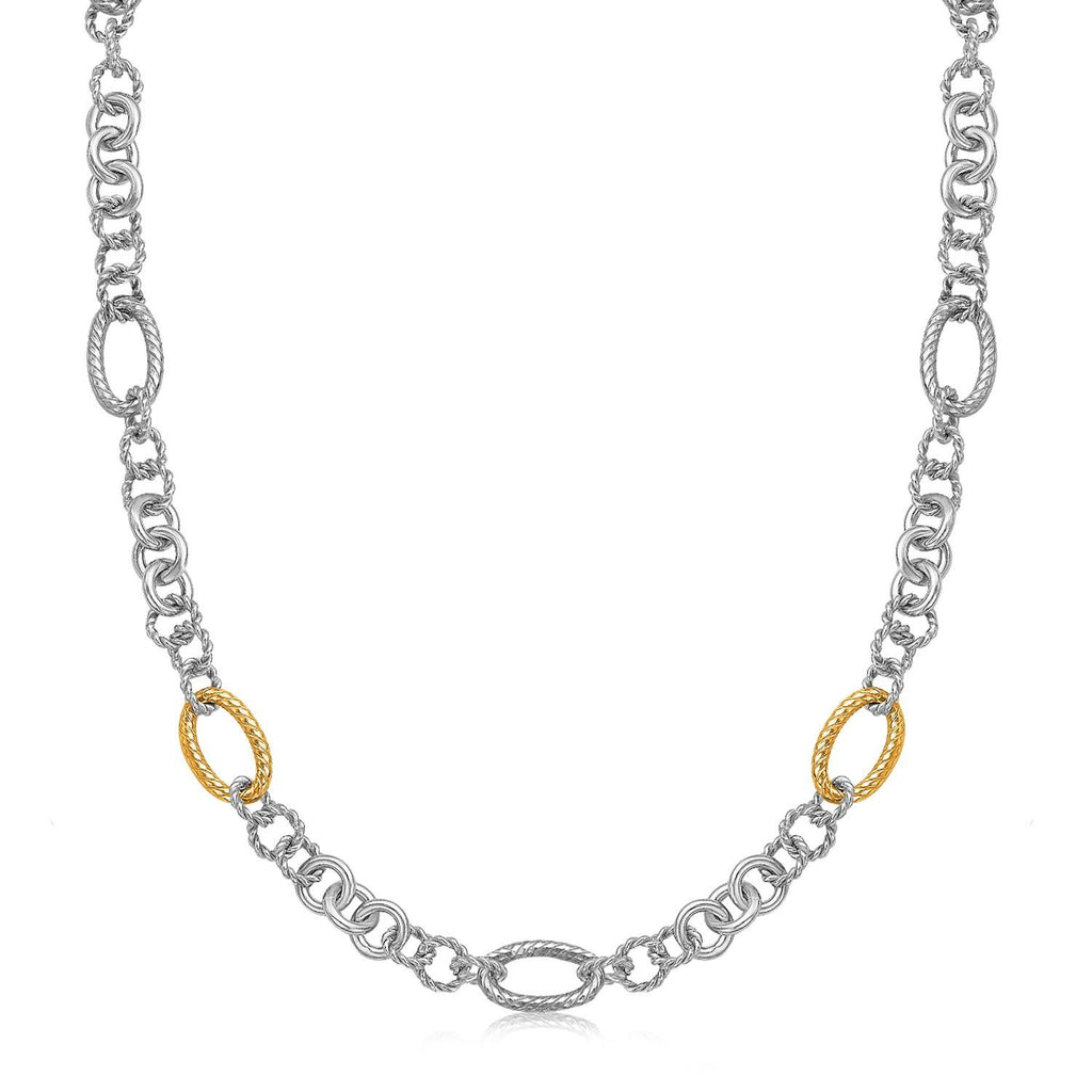 18K Yellow Gold and Sterling Silver Rhodium Plated Multi Design Chain Necklace