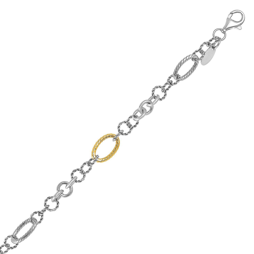 18K Yellow Gold and Sterling Silver Rope Motif Stationed Bracelet