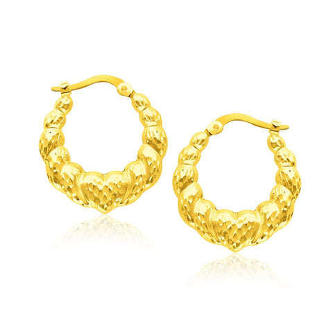 14K Yellow Gold Scallop Textured Hoop Earrings