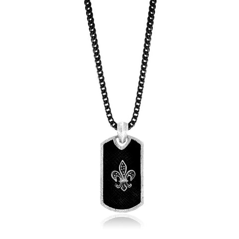 Sterling Silver Fluer De Lis Dog Tag Style Black Spinel Pendant