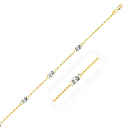 14K Two-Tone Gold Cable Chain Anklet with Diamond Cut Oval Stations