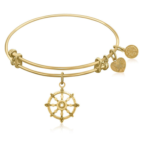 Expandable Bangle in Yellow Tone Brass with Wheel Of Dharma Unification Symbol