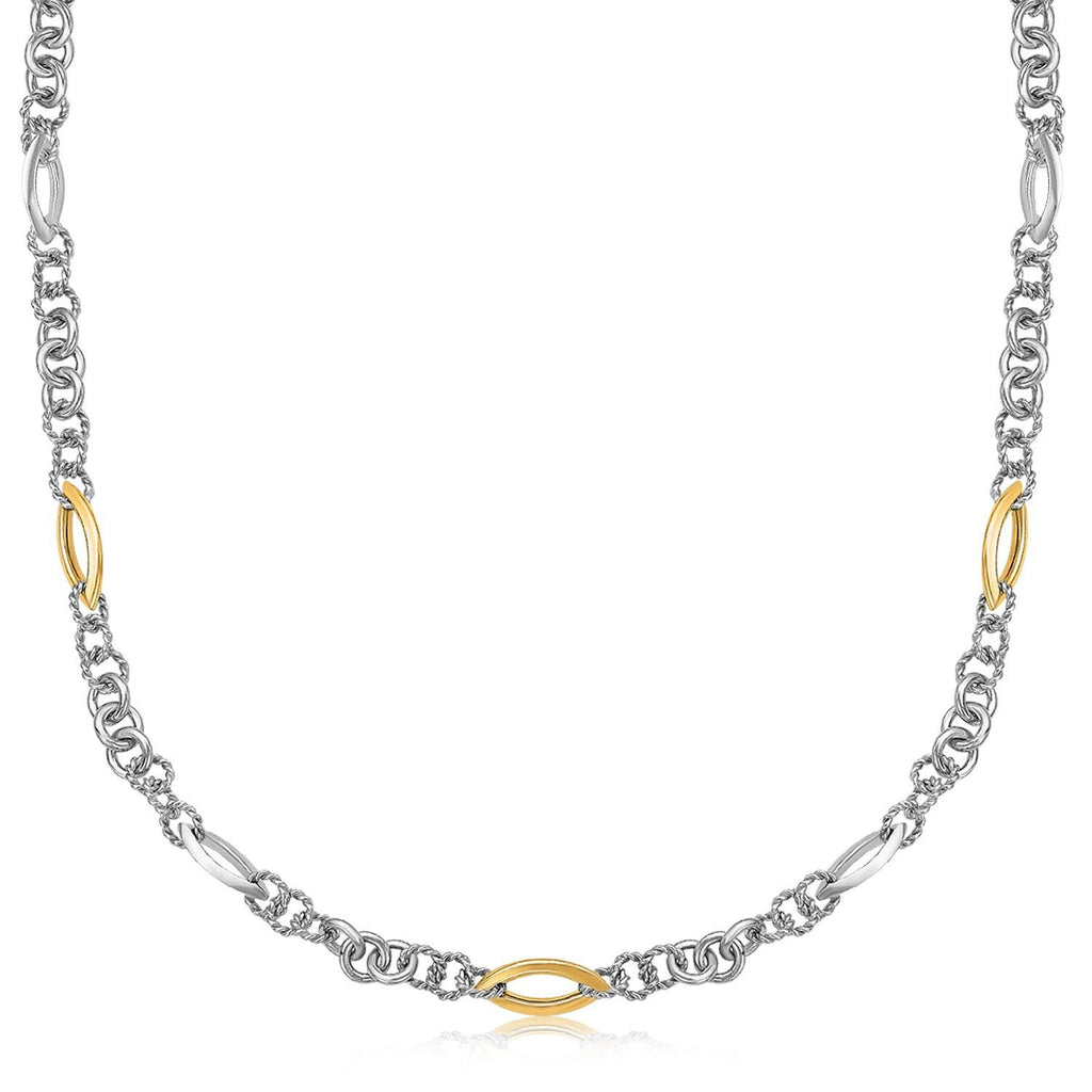 18K Yellow Gold and Sterling Silver Rhodium Plated Multi Design Chain Necklace