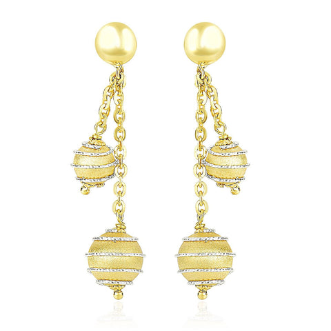 14K Two-Tone Gold Double Row Chain Earrings with Coil Embellished Balls