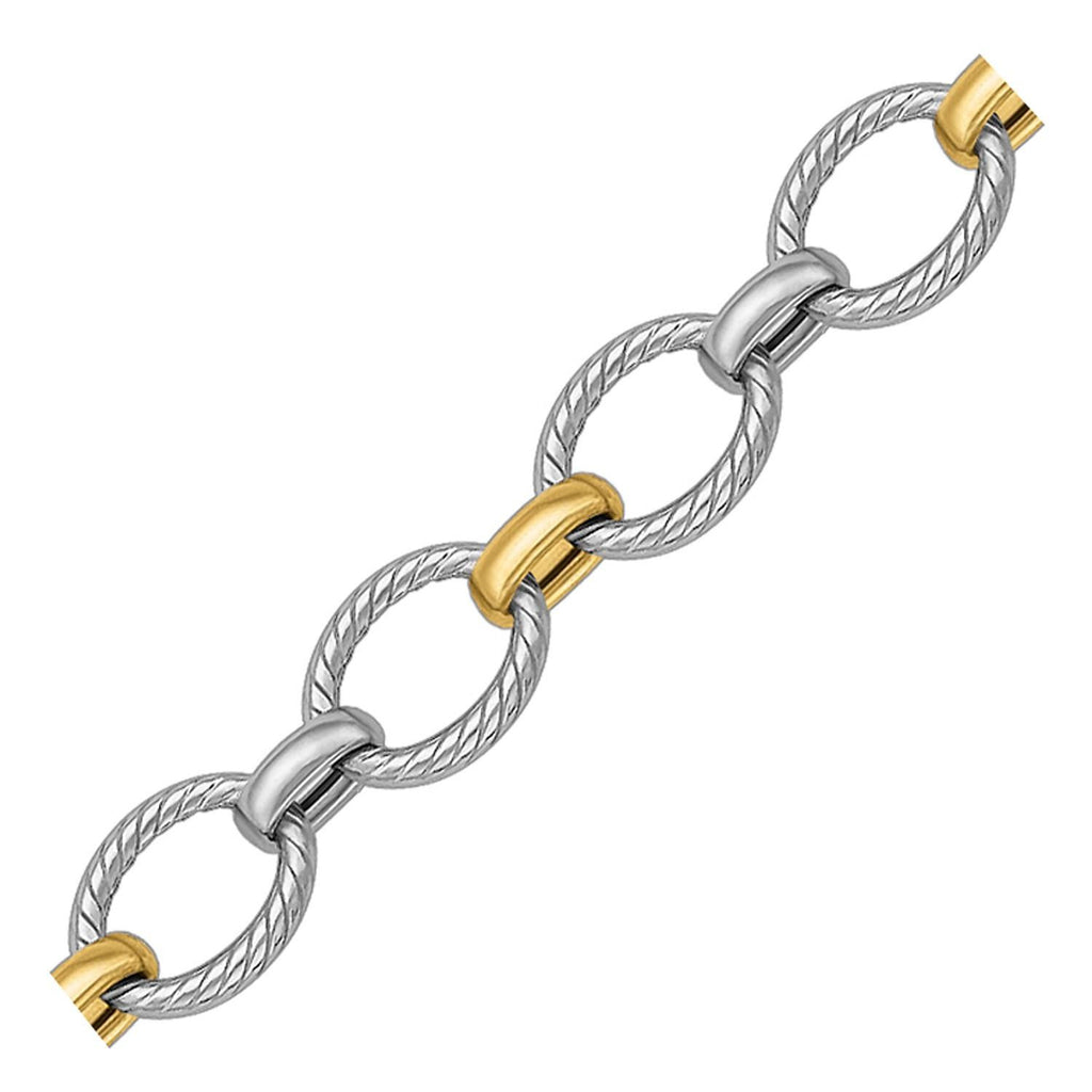 18K Yellow Gold and Sterling Silver Rhodium Plated Cable Motif Chain Bracelet