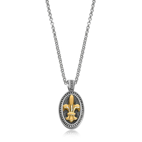 18K Yellow Gold and Sterling Silver Fleur De Lis Designed Fancy Oval Pendant