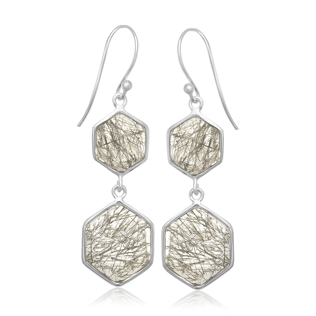 Sterling Silver Rutilated Quartz Hexagon Style Dangling Earrings