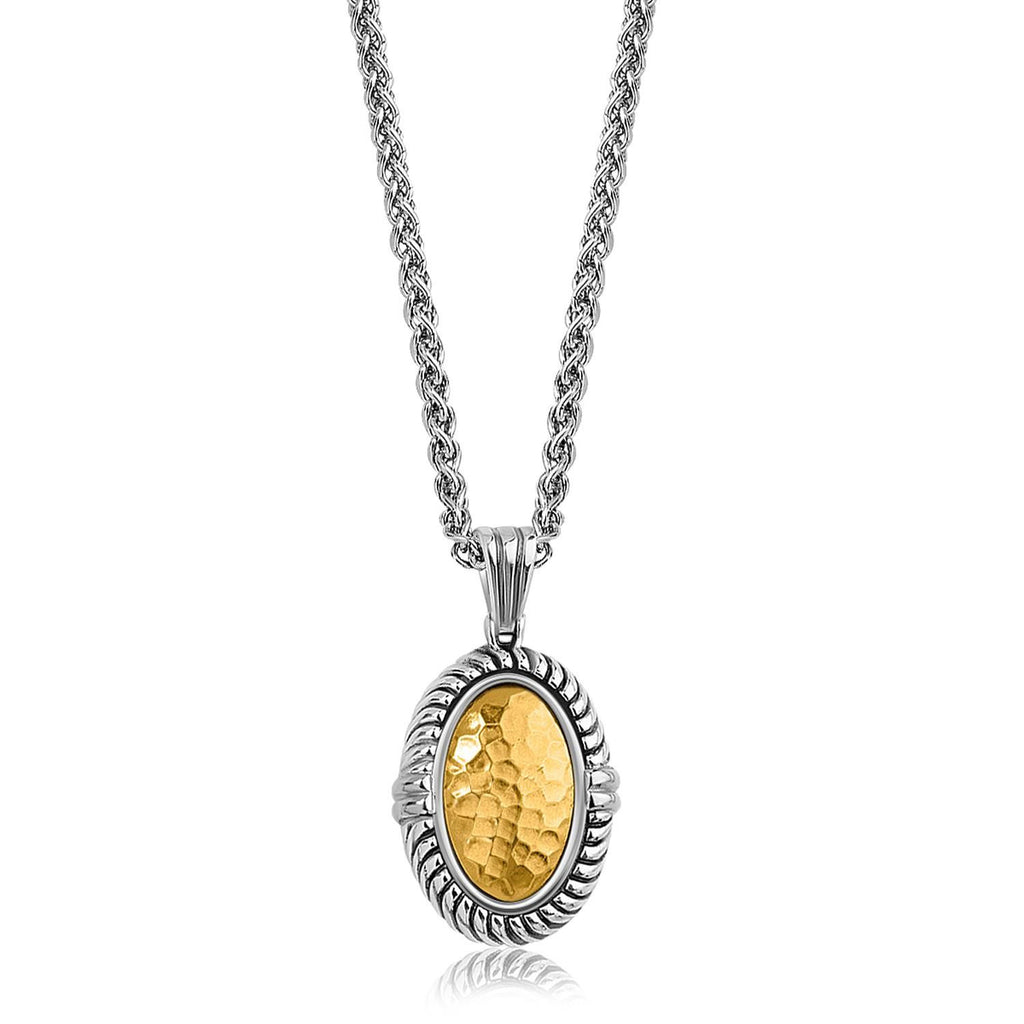 18K Yellow Gold and Sterling Silver Cable Inspired Oval Hammered Pendant