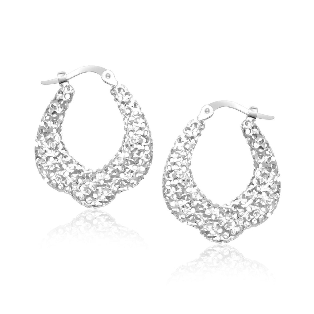 14K White Gold Scallop Mesh Design Hoop Earrings