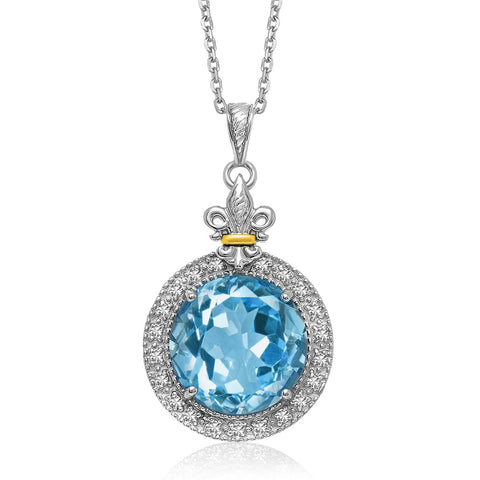 18K Yellow Gold & Sterling Silver Round Blue Topaz and Diamond Pendant