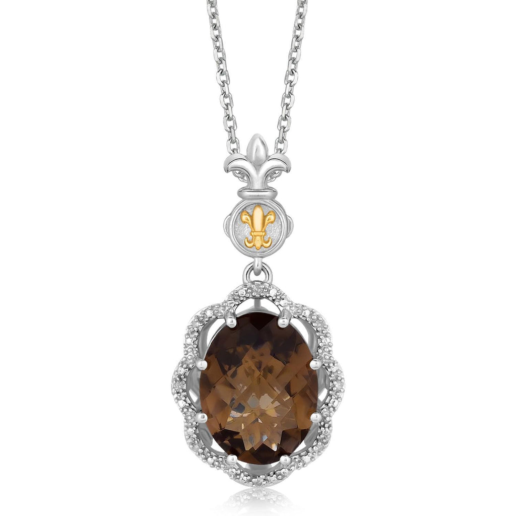 18K Yellow Gold and Sterling Silver Oval Smokey Quartz and Diamond Pendant