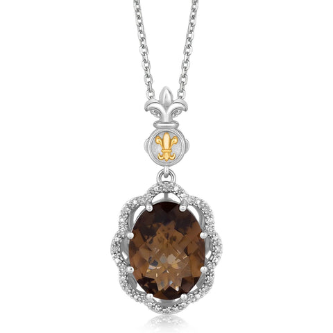 18K Yellow Gold and Sterling Silver Oval Smokey Quartz and Diamond Pendant