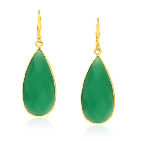 Sterling Silver Yellow Gold Plated Green Onyx Long Teardrop Earrings