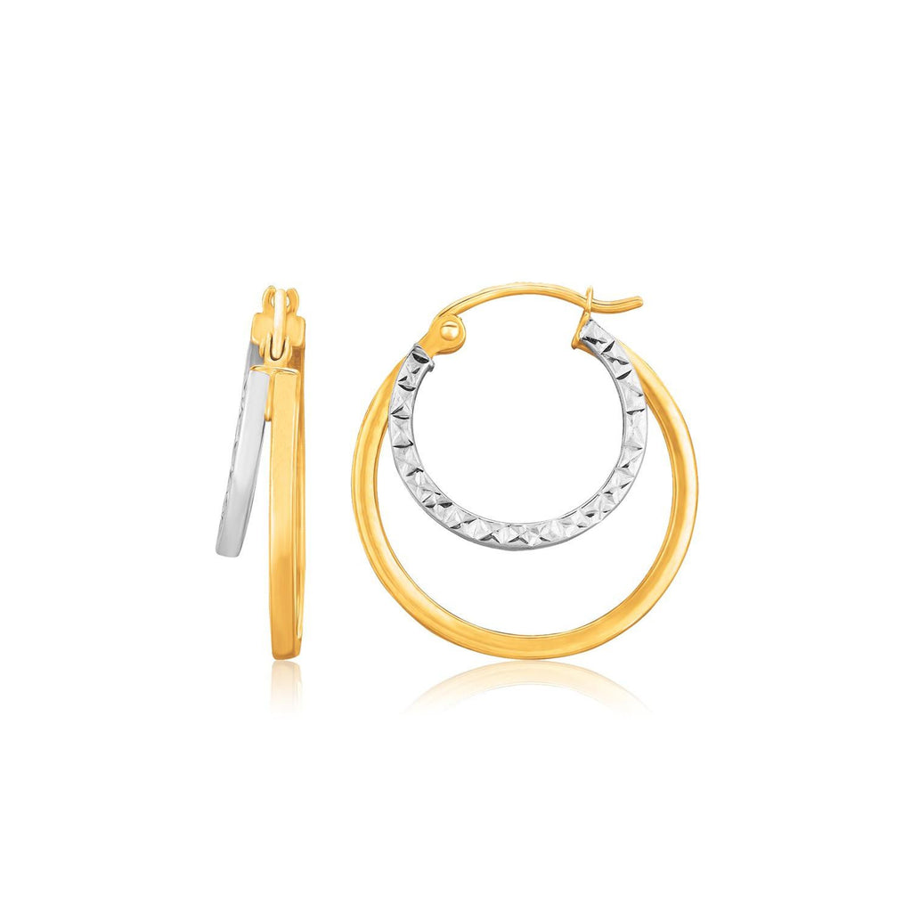 14K Two Tone Gold Double Hoop Hammered Texture Earrings