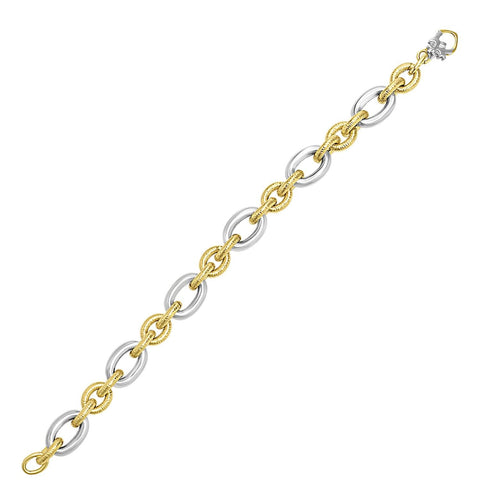 14K Two-Tone Gold Oval Link Bracelet with Textured and Smooth Links