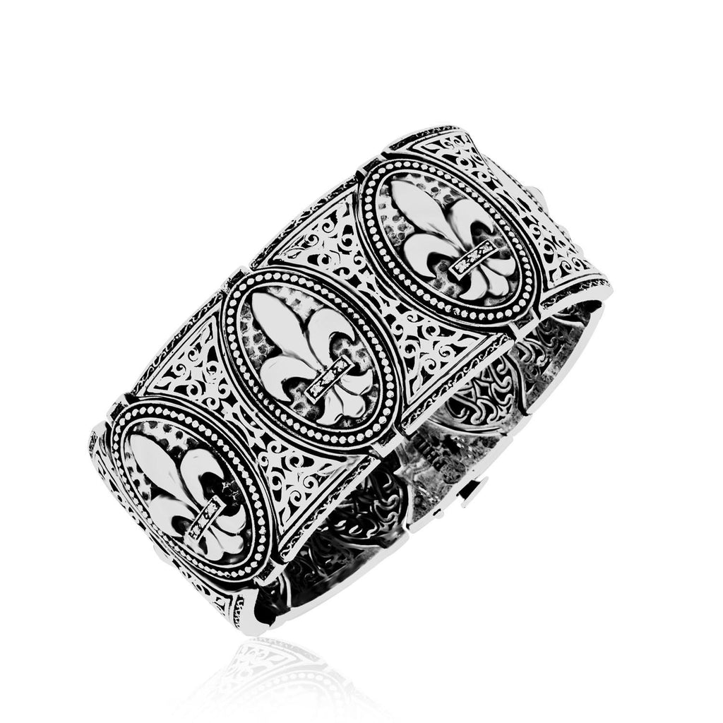 Sterling Silver Fleur De Lis Thick Bangle with Diamonds