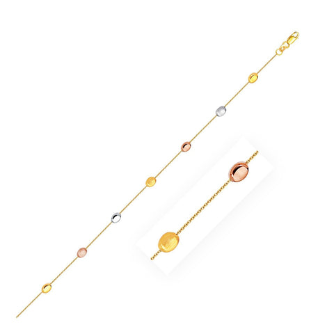 14K Tri-Color Gold Puffed Oval Shape Station Adjustable Anklet