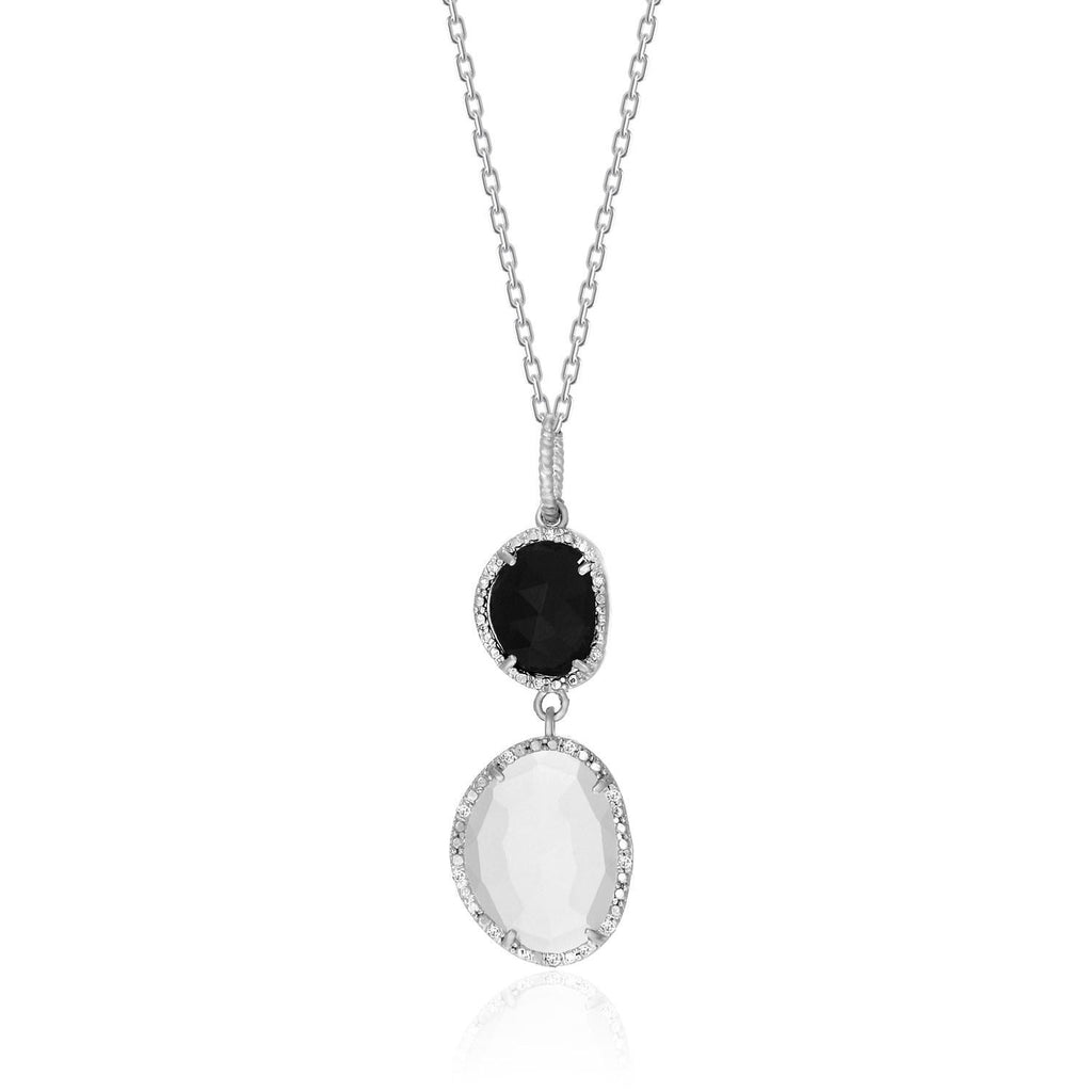 Sterling Silver Diamond Bordered Moonstone and Black Onyx Pendant