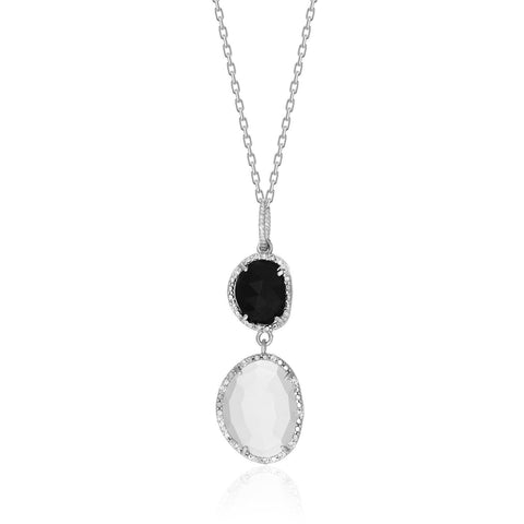 Sterling Silver Diamond Bordered Moonstone and Black Onyx Pendant