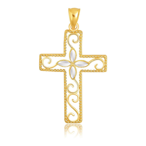 14K Two-Tone Gold Filigree Flower Motif Cross Pendant