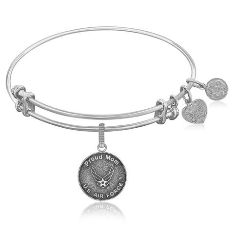 Expandable Bangle in White Tone Brass with U.S.Air Force Proud Mom Symbol