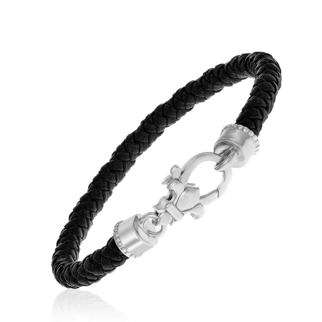 Sterling Silver Black Leather Braided Bracelet