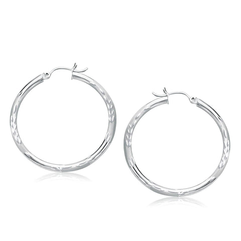 14K White Gold Fancy Diamond Cut Hoop Earrings (35mm Diameter)