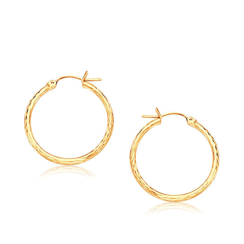 14K Yellow Gold Slender Hoop Earring with Diamond-Cut Finish (25mm Diameter)