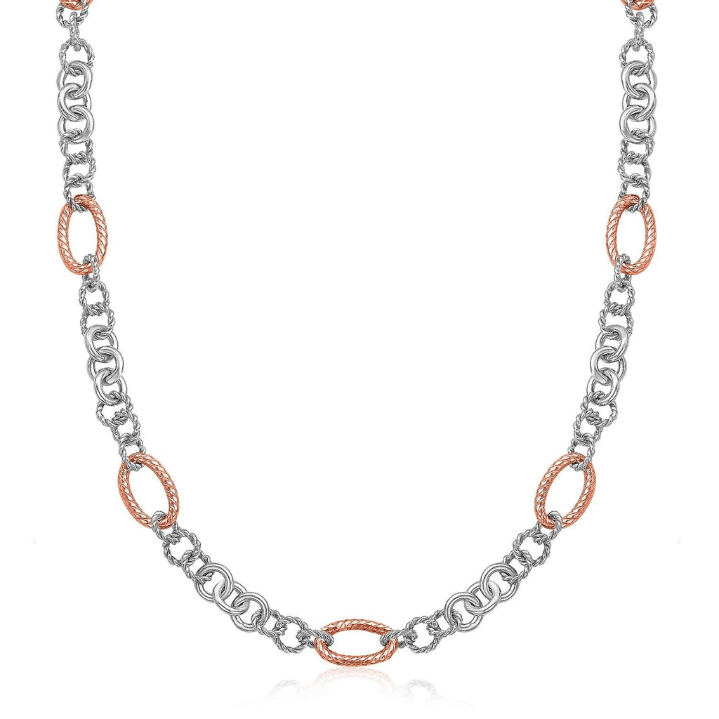 18K Rose Gold & Sterling Silver Oval Rope Motif Link Necklace