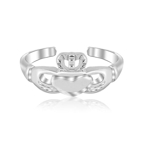 Sterling Silver Rhodium Finished Open Toe Ring with a Claddagh Design