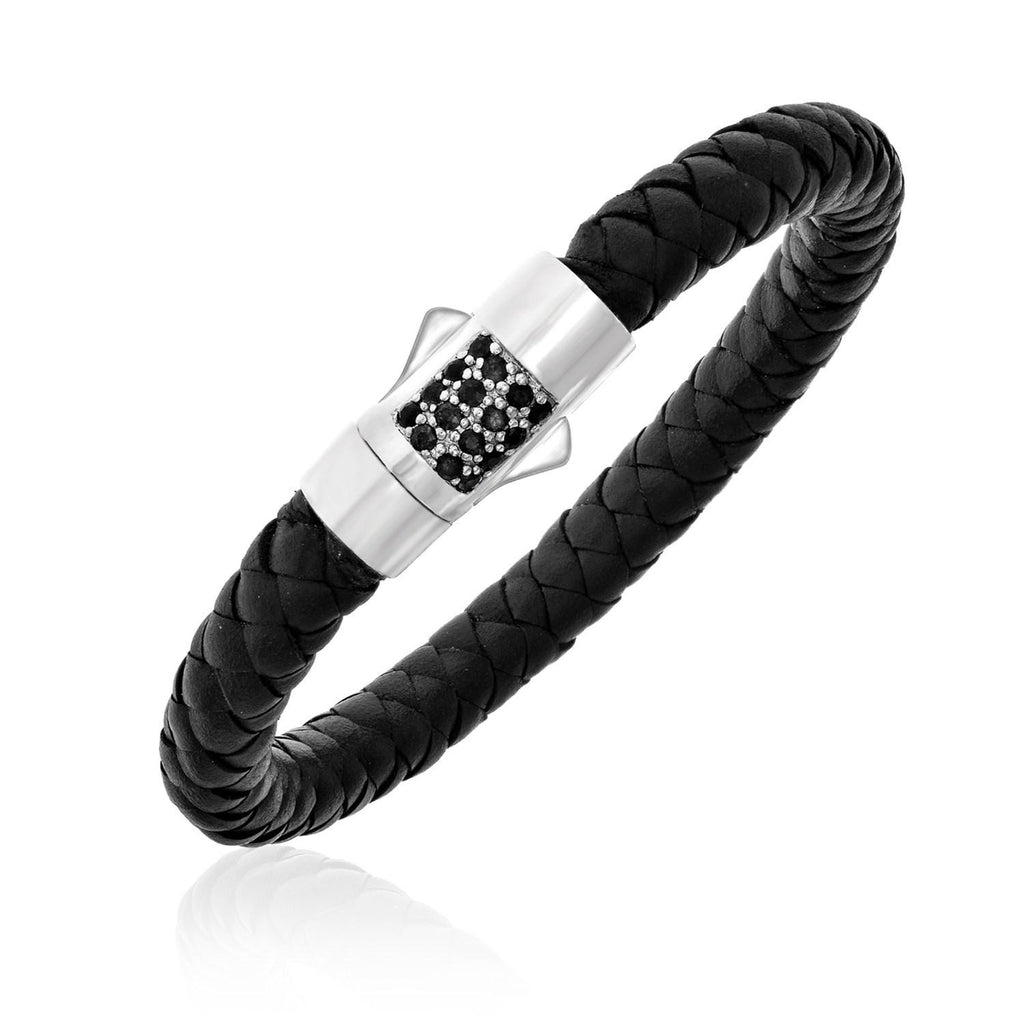 Sterling Silver Woven Leather Bracelet with Black Sapphires