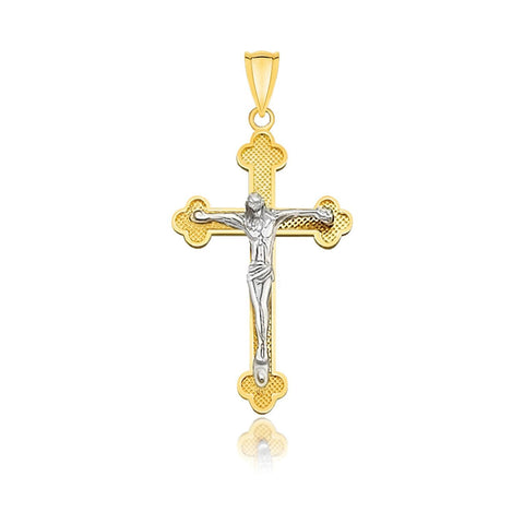 14K Two-Tone Gold Small Budded Style Cross with Figure Pendant