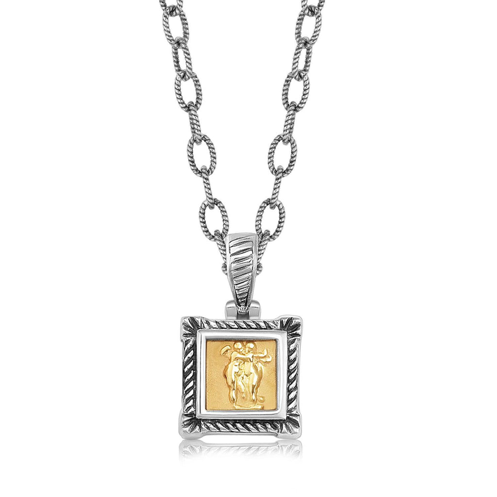 18K Yellow Gold and Sterling Silver Square Pendant with a Relief Design