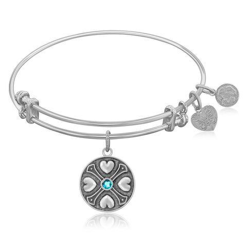 Expandable Bangle in White Tone Brass with Blue Topaz December Symbol