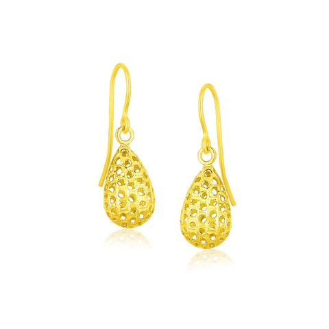 14K Yellow Gold Teardrop Drop Earrings with Honeycomb Texture