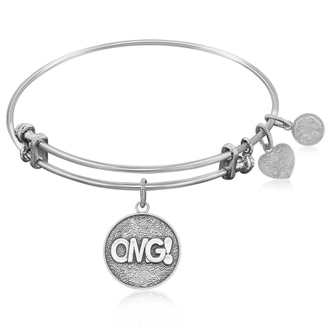 Expandable Bangle in White Tone Brass with OMG! Symbol