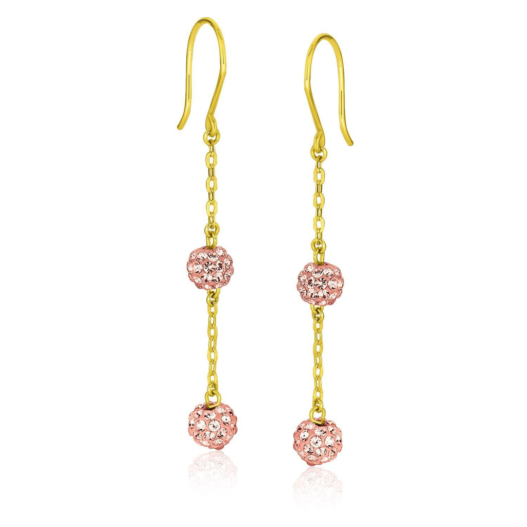 14K Yellow Gold Dangling Pink Tone Crystal Ball Earrings