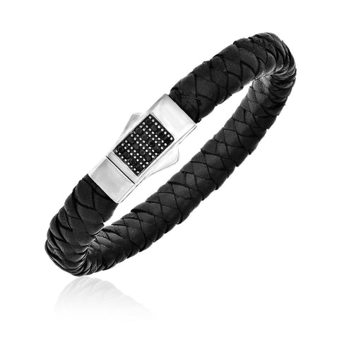 Sterling Silver Braided Leather Black Sapphire Accented Bracelet